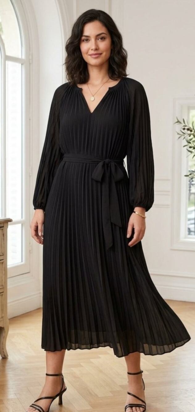 6043)H&M Black Pleated Long Sleeve Self Tie  Chiffon Dress Medium